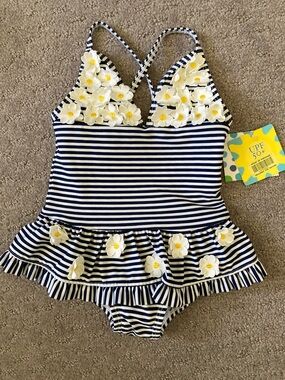NWT Little Me striped daisy swimsuit, 18M.
